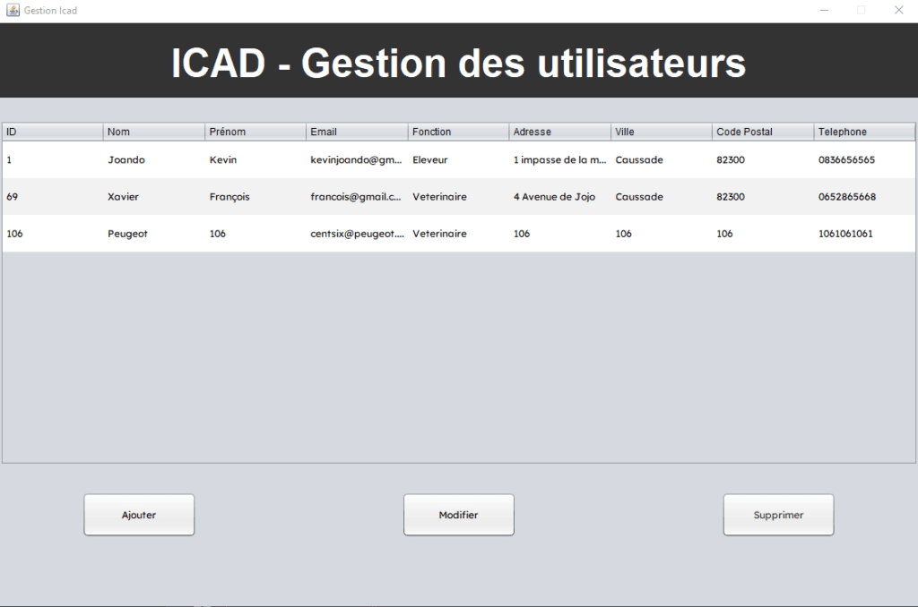 ICAD Java — gestion des utilisateurs